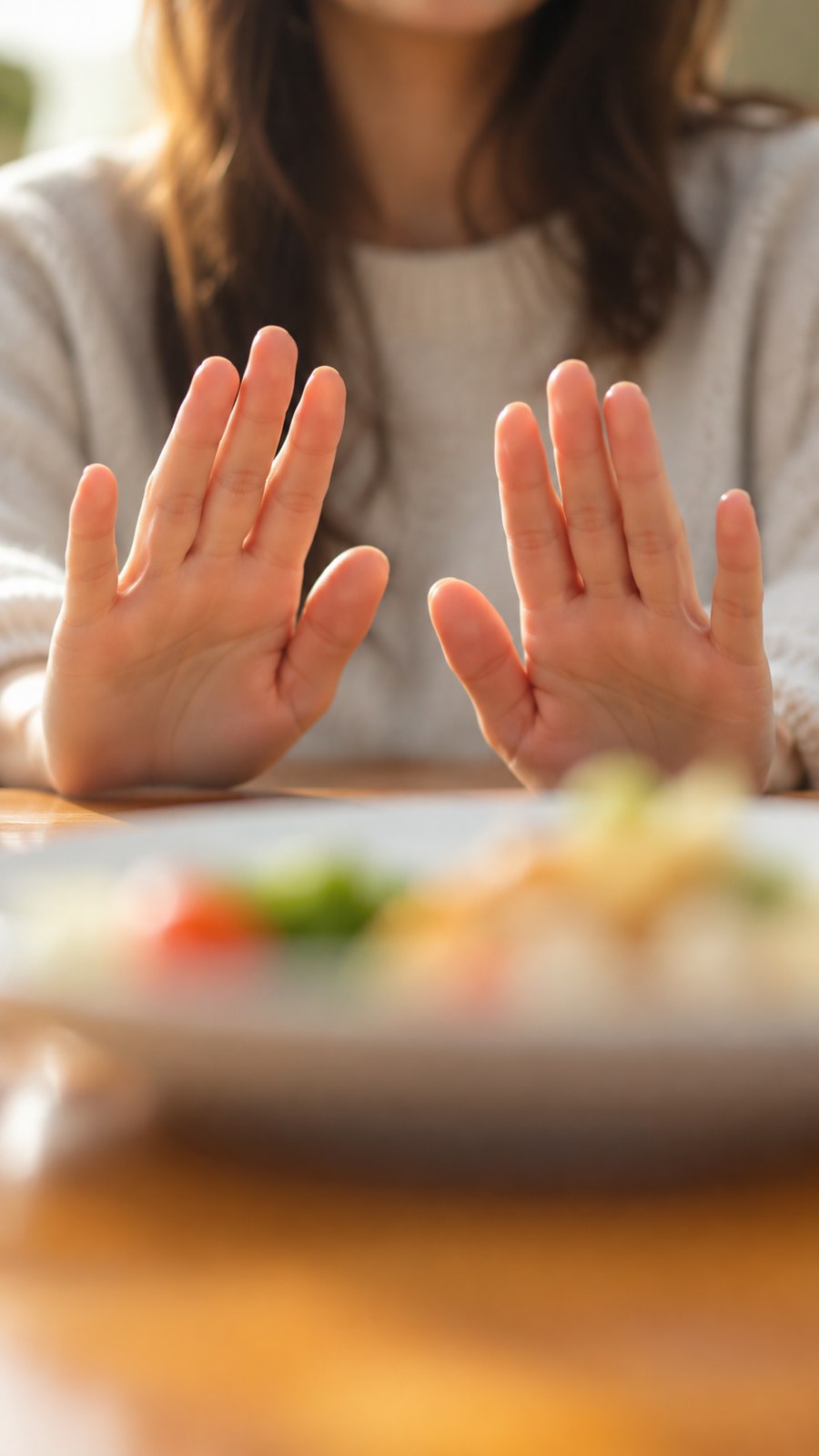 Mains exprimant une hésitation face à une assiette